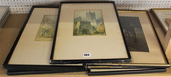 2 Dutch portraits prints and 5 prints of various cathedrals(-)